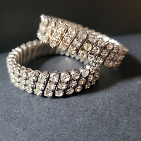 Vintage BSK Silver-Tone Rhinestone Stretch Bracelets Set Of 2 Made In British Ho - Picture 1 of 8